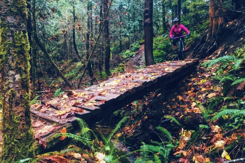 Libbe crosses one of several bridges at the end of Devilscross.