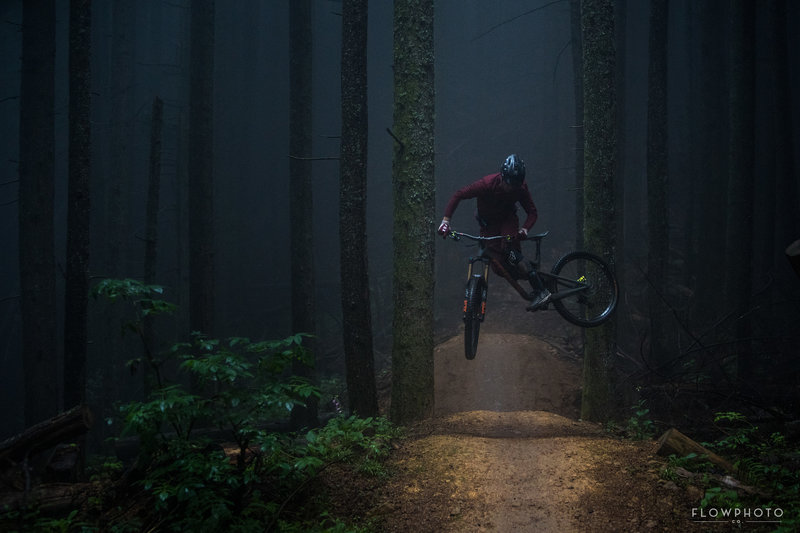 Focus Bikes engineer Fabien Shulz whipping it sideways on the famous tables.