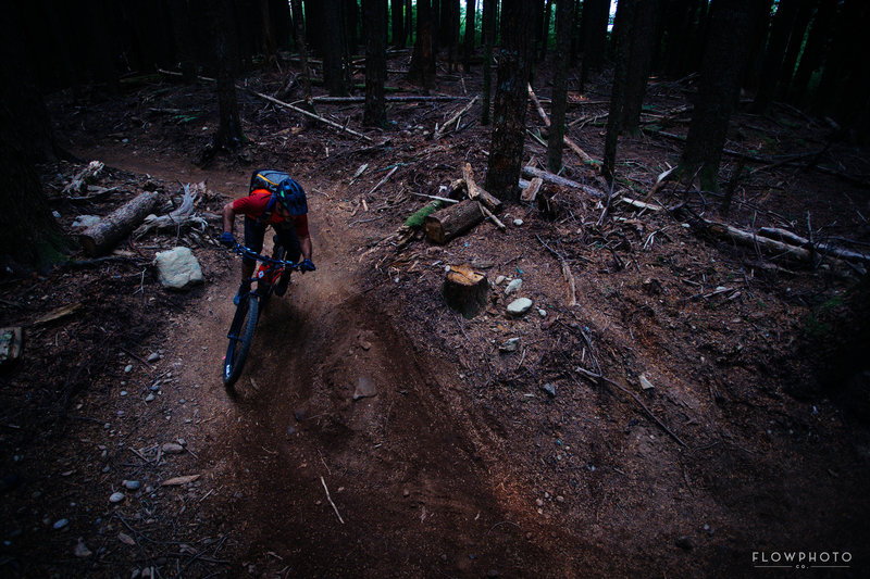 Seth's Bike Hacks ripping the creepy loam section.