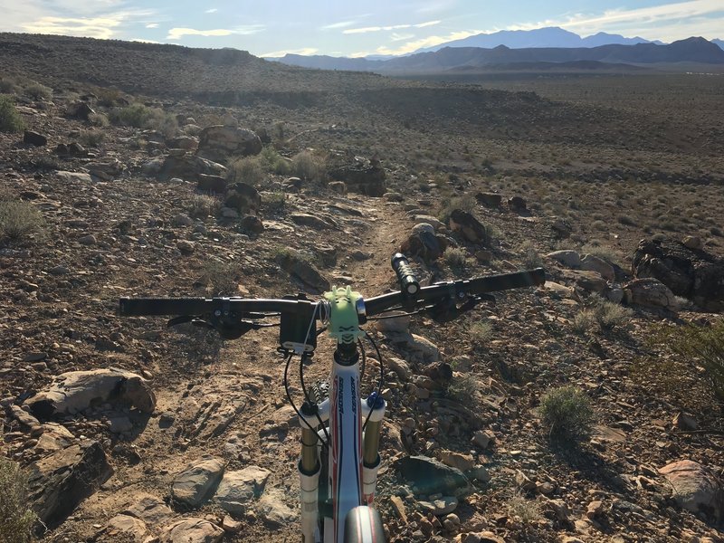 Rolling up to one of the first obstacles, a drop down. Trail is more tech through this section.