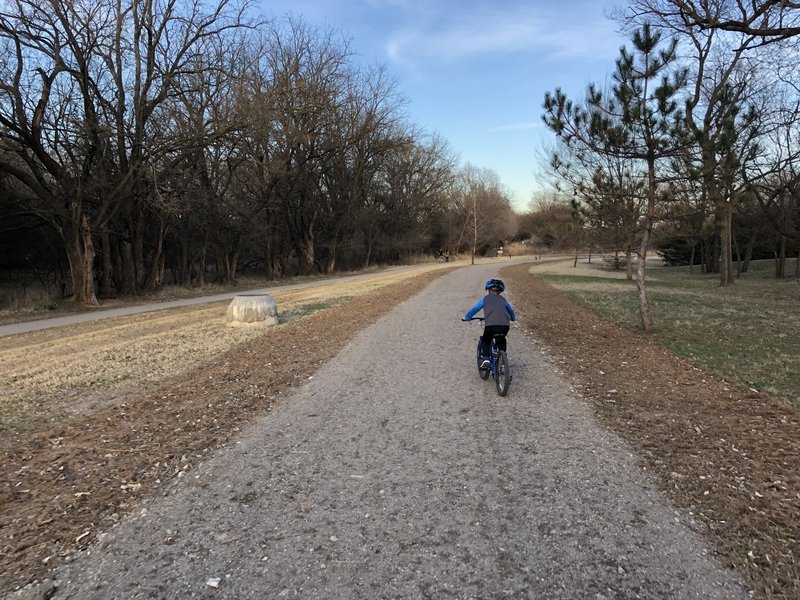 Hiking, biking and equestrian trails all converge here on both sides of the Cowskin Creek. Yield to horse and pedestrians.