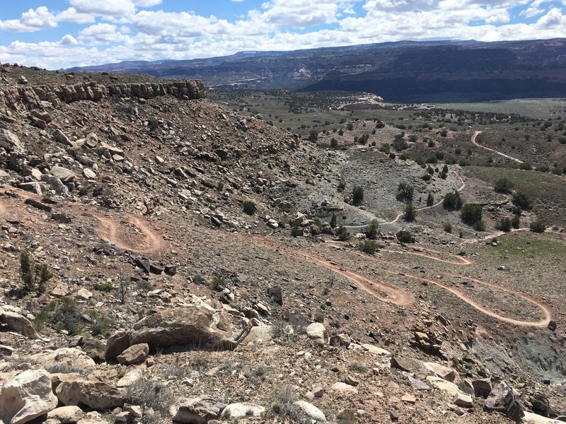 View of the Wrangler switchbacks from the singletrack above.