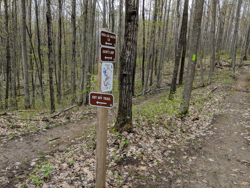 Trail signage at intersection of Cut Off and Kathy's Loop.