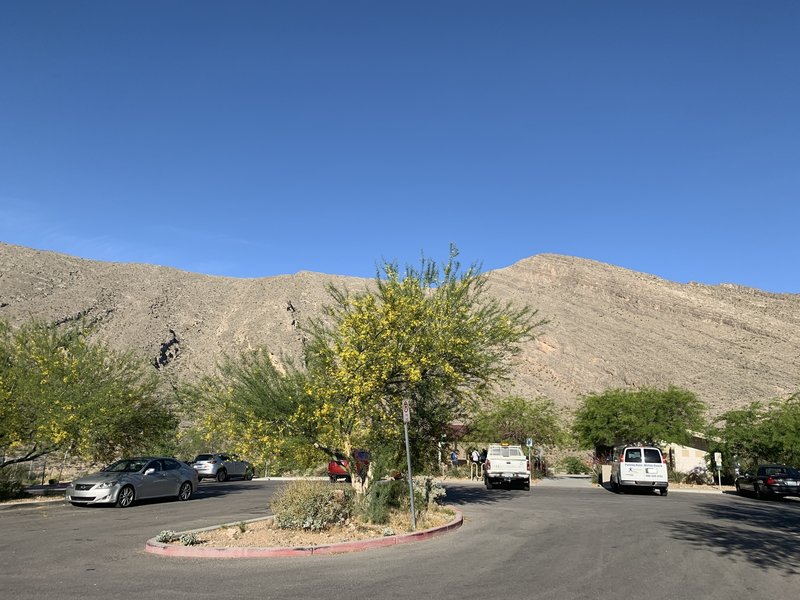 Parking area has bathrooms, shade, and water fountain.