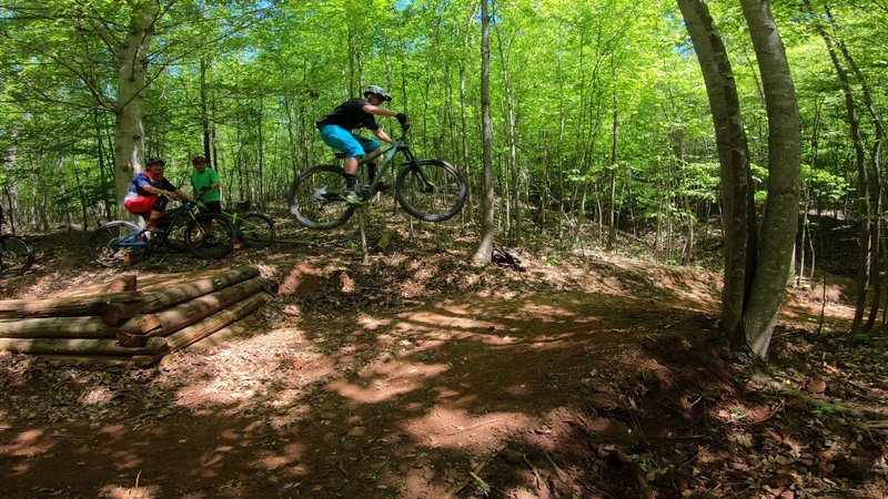 Bagadonuts sending the step-down on Double Black Sabbath at Cedar Valley Bike Park in Davidson, NC.