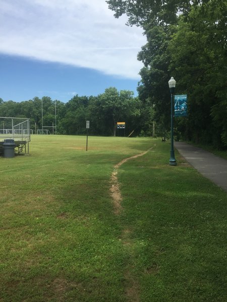 The trail runs between the rugby field and the Dogwood Trail / Sager Creek.