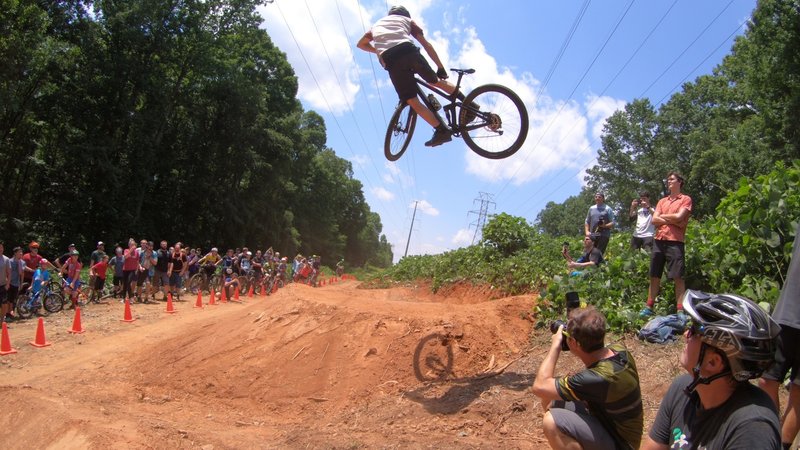 Kyle Tynan sending to the moon in the finals of the Whip-Off contest at the opening day celebration of Cedar Valley Bike Park in Davidson, NC.