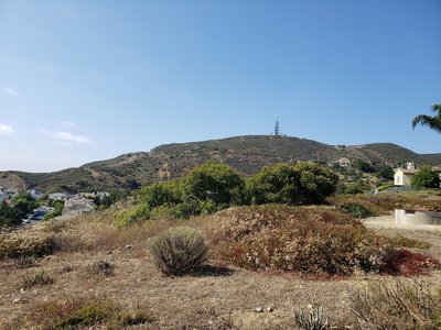 Bottom of school house, Cerro de las Posas in the background