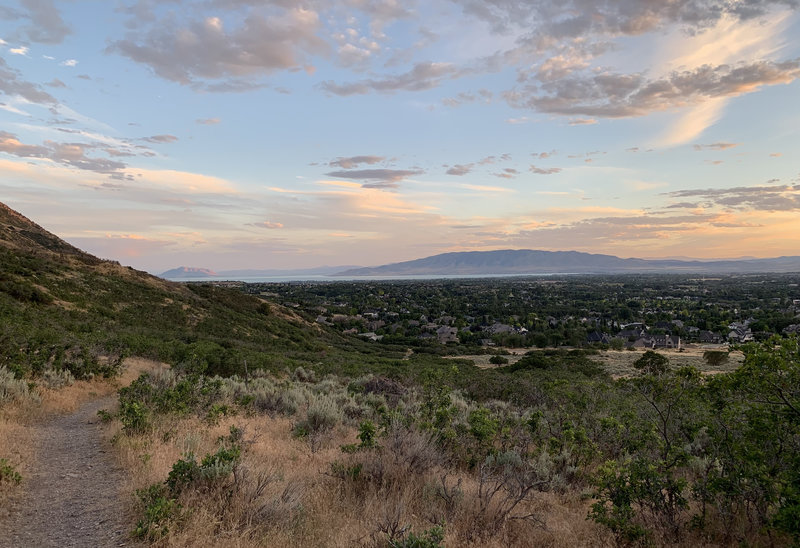 Sunset on Corkscrew Trail. Looking southwest over Alpine and Highland down towards Utah Lake.