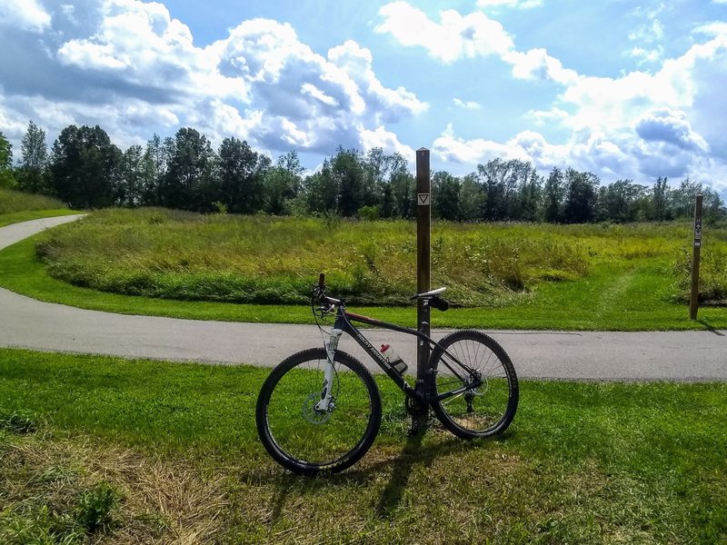 Loop 2 trailhead at the paved path crossing near the town hall.