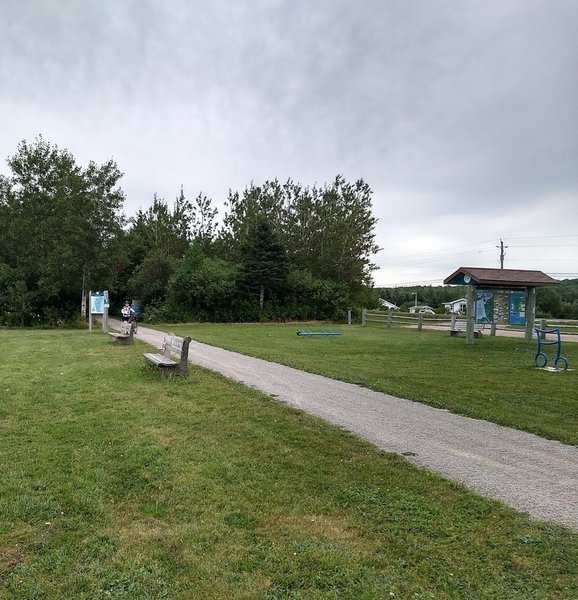 Benches, kiosks, bike racks at many points along the trail.