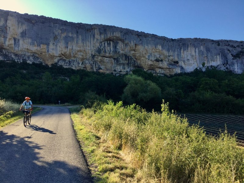 A stretch of quiet pavement and lavender after descending along the edge of the cliff top.