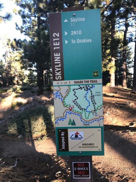 Trail marker/map at the junction of Skyline Road (2N10) and Skyline Trail - showing direction to Dickies (down Coyote).