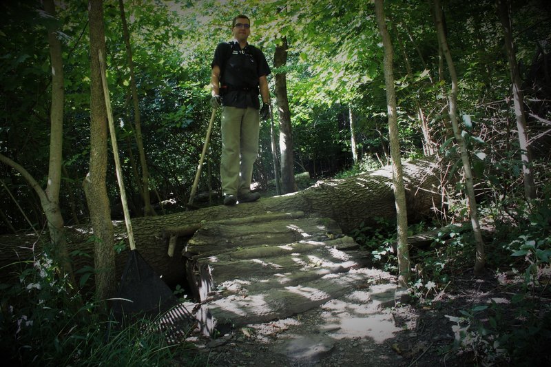 This trail has numerous technical trail features, including log piles of various size.  Trail fairy for scale.