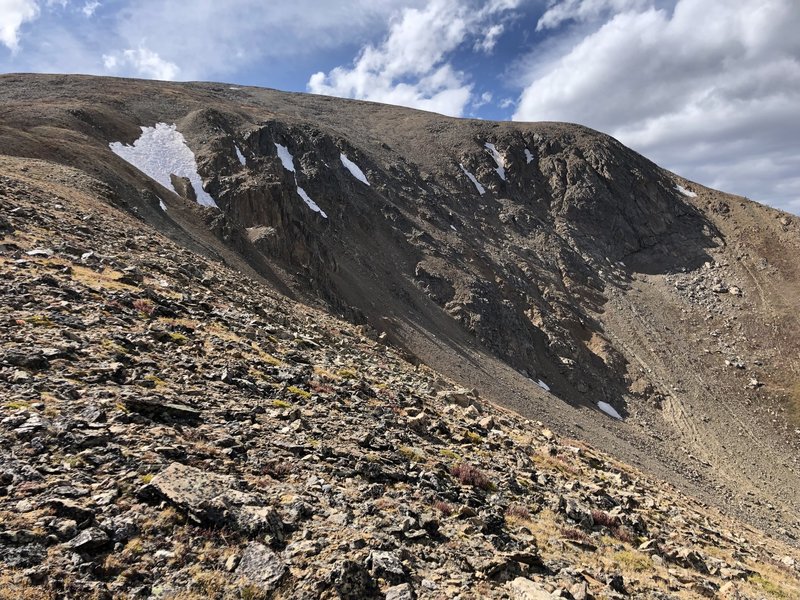 Looking up at the summit about a mile away