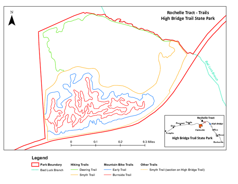 Map of the four mountain bike trails at Rochelle area