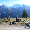 Trail junction at the chalet of Porcherey, with Mt Blanc in the background.