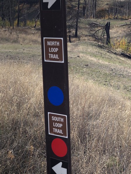 Sign post showing the junction of North and South Loop Trails