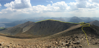 Looking back at the path taken for Black Cloud. Twin Lakes on the left. You carry your bike up the backside of this ridge to a small saddle, then continue to carry your bike along the entire ridge to the peak.
