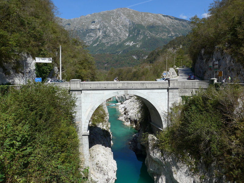 Napoleon-Bridge in Kobarid (Old Napoleon Road starts on the left side just below the banner).