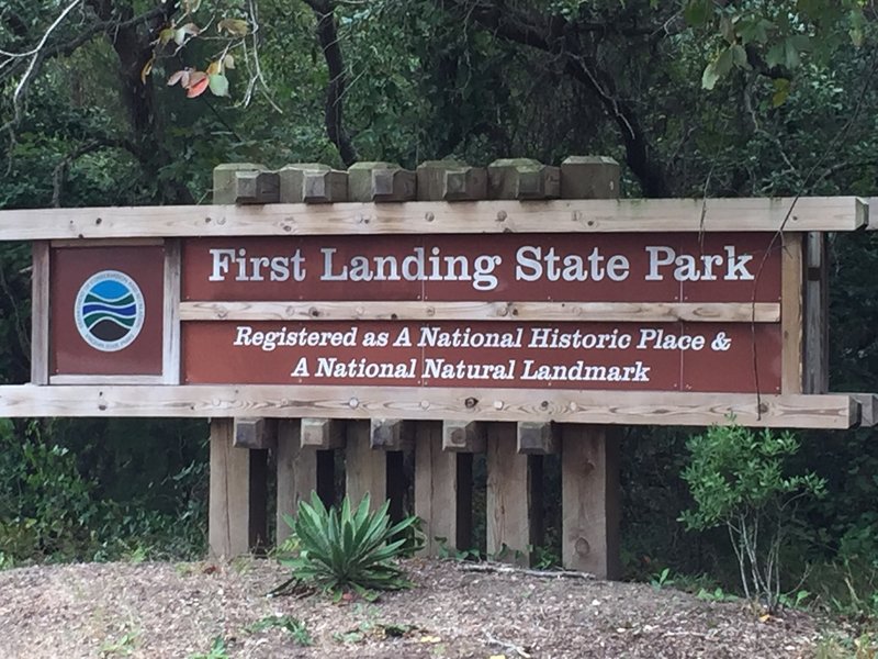 Welcome sign for First Landing State Park at western corner along Shore Drive.