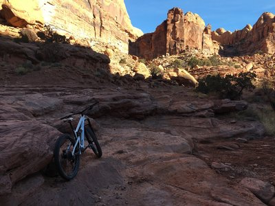 Lots of ledgy slickrock; hard to climb, fun to go down.
