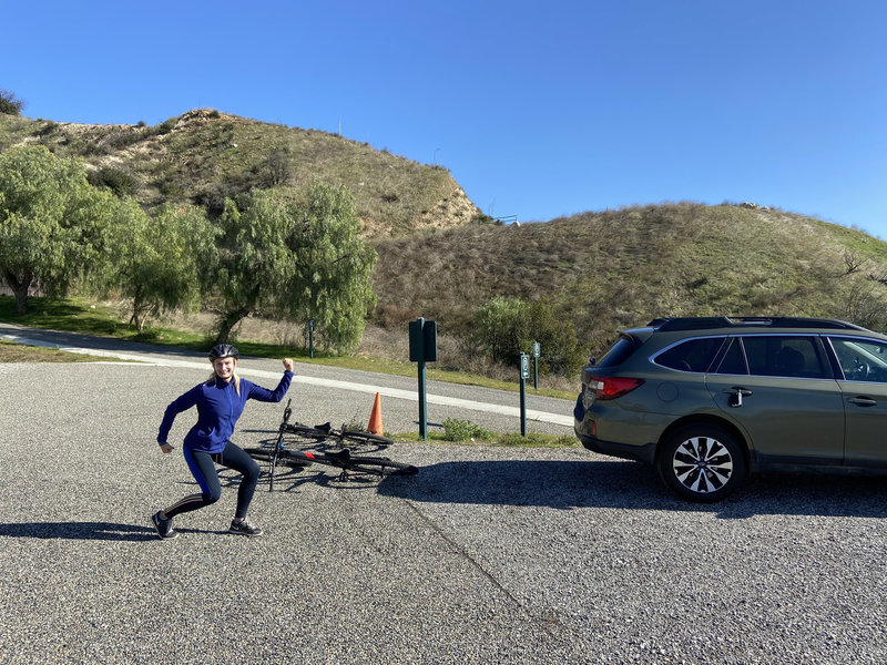 Trailhead parking (and dork) at Lopez Canyon Park, with trail start in the background