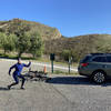 Trailhead parking (and dork) at Lopez Canyon Park, with trail start in the background