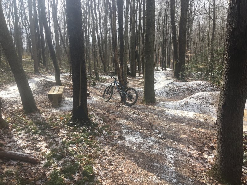 Looking down the upper jump line and beginner flow line. This can be accessed most easily by parking up the hill from the ice rink.