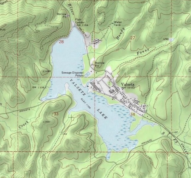 This map shows Valsetz Lake prior to the removal of the dam in 1988.