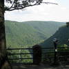 View from scenic overlook in Colton Point State Park, PA, looking at Pine Creek Trail at bottom of Pine Creek Gorge