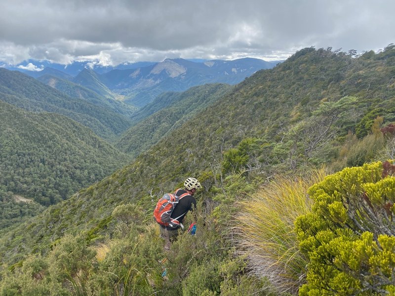 Ascending Skyline Ridge looking into Earnest Valley whilst the big slip in the centre distance is where the Boneyard section of the track is.