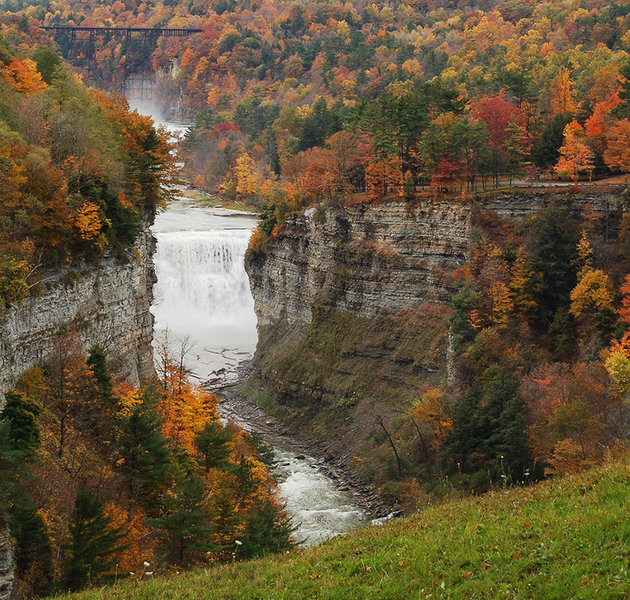 Letchworth State Park - From Inspiration Point with Middle Falls,  Upper Falls, and the old Railroad Bridge