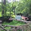 A couple old vehicles past their prime a few yards off the Seneca Trail