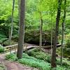 A cool bridge that winds around and over boulders.