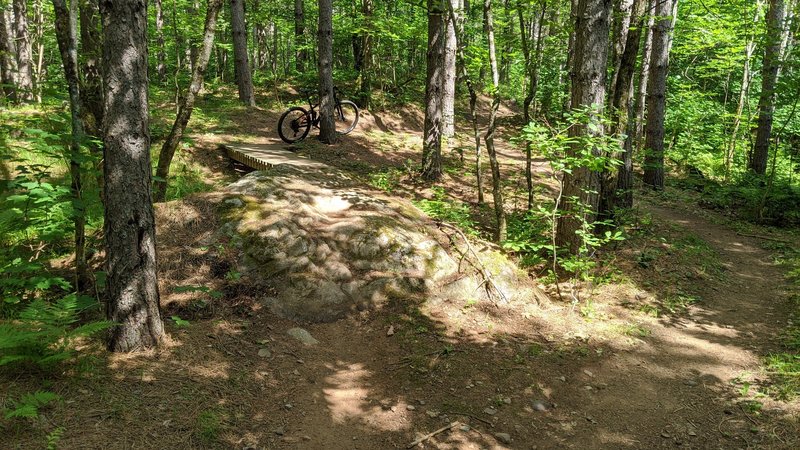 Sweet boulder roll-up onto a wooden bridge.