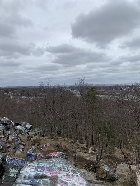 A view of some rocks, trees, and roads.