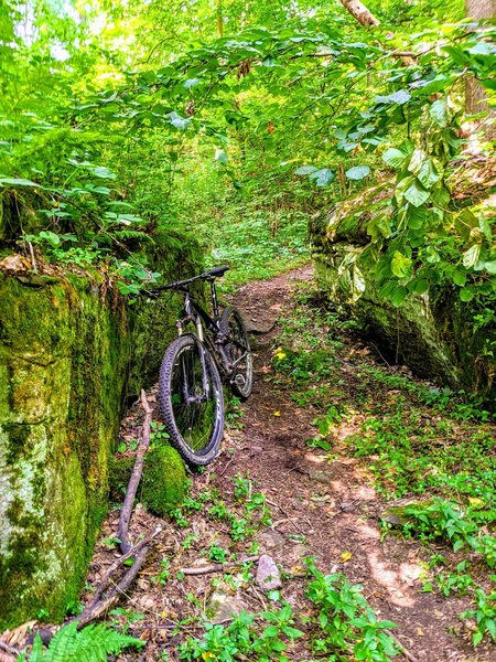 The trail twists through these boulders.