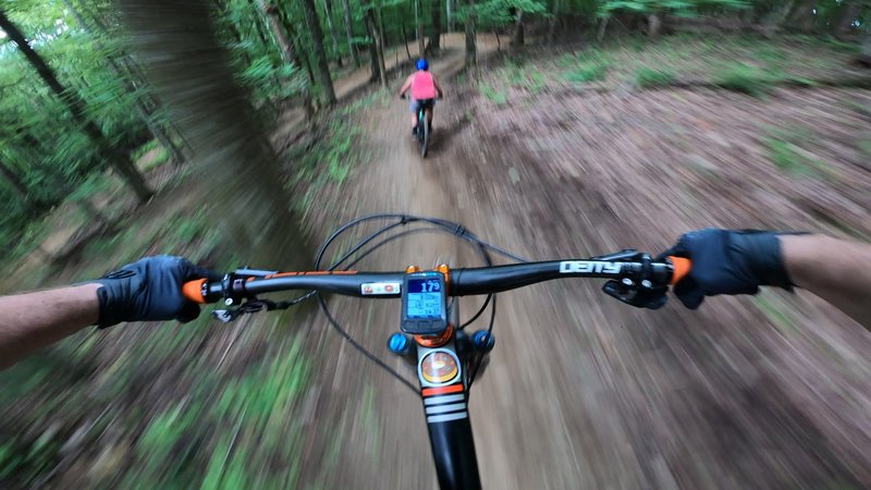 Catching some airtime on Rhodo Ruckus on opening day of Ride Kanuga Bike Park.