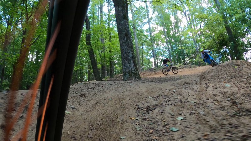 Sending it on one of the bigger berms on Evergreen at Ride Kanuga Bike Park on opening day.