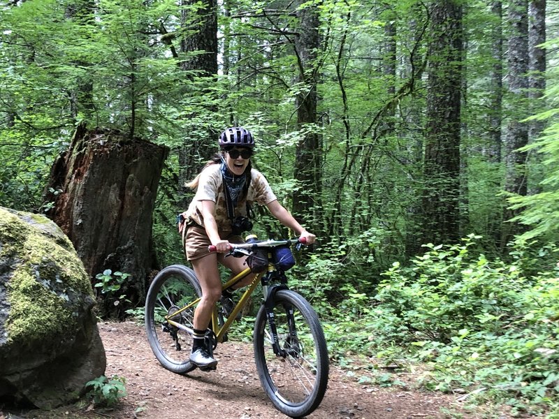 Just starting the Catamount trail after the 3.8 mi fire road uphill. Can you tell she's excited??!