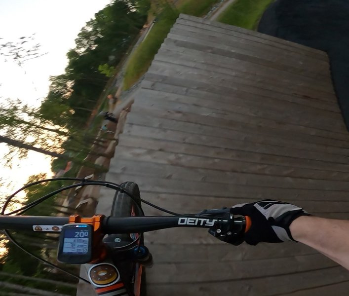 The very top of the massive wallride on Dragstrip at the Baker Creek Preserve Bike Park.