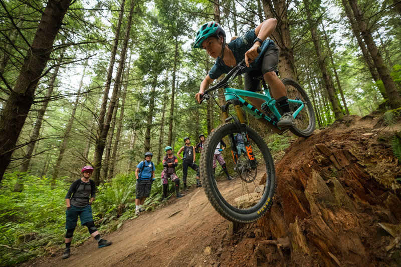 A Trek Dirt Series' instructor demonstrates the roll-down line on Meth Lab.