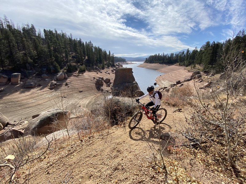 Steep and loose section. Late October ride. Very low water level.