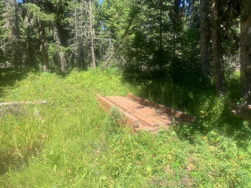 Looking north at the out-of-place bridge over grass. A very surprising but quite odd sight after miles of wandering. It appears relatively new and well-constructed yet totally unnecessary.