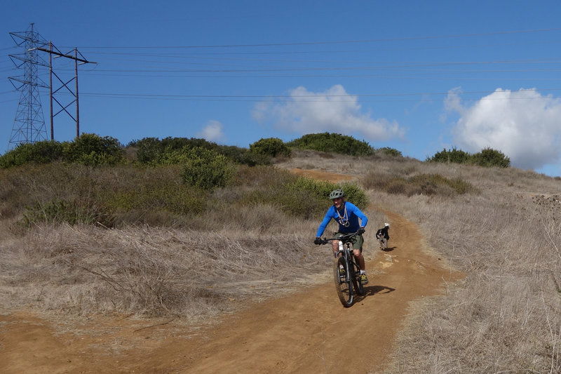 Mountain biker in Los Peñasquitos Canyon exercising his border collie at the end of Hopper