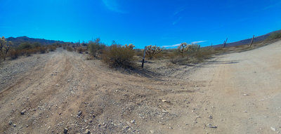 Trailhead for 8112D ("D-Road", left side) off of Rasmussen Road Extended (right side), looking southwest.