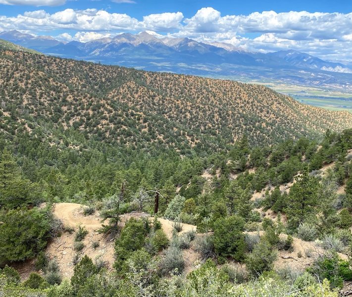 Looking West, down onto the trail, with the Sawatch mountains in the background