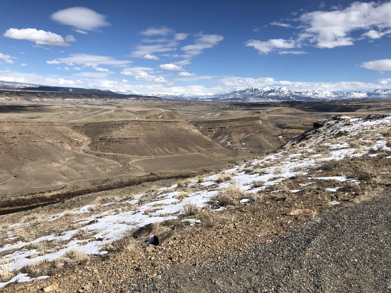 Looking upriver toward Hotchkiss/Paonia/Crawford. Gunnison River below, West Elk mtns in the distance.