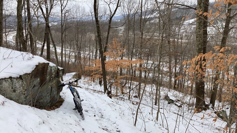 Looking down on US 50 from the snowy hillside on the southern end of Sundown Trail